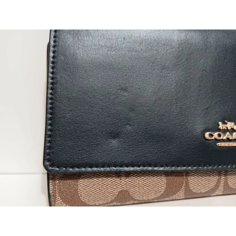 COACH Trifold Wallet Mid-Night Blue Leather / Signature Tan Canvas 88024